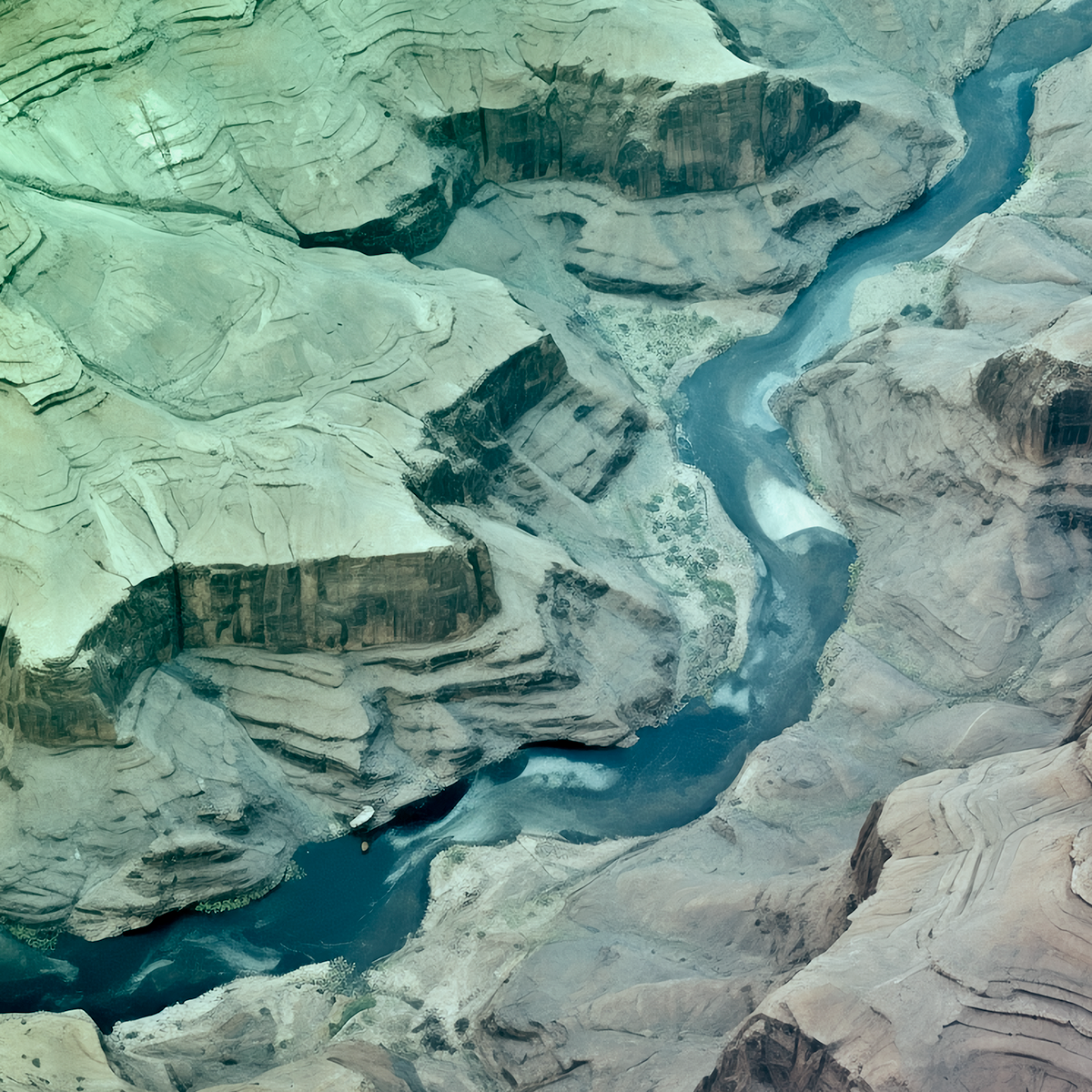 Vista aerea de rio entre formacoes geologicas